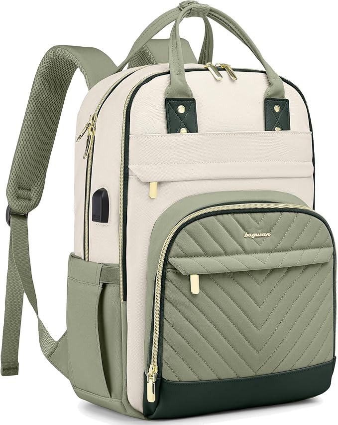 Laptop Backpack for Women Work Bag - 15.6 inch Travel Backpack with USB Charger College Bookbag Waterproof Business Computer Backpack Anti-theft Casual Backpacks for Nurse Teacher Beige Light Green