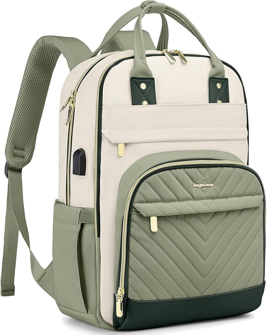 Laptop Backpack for Women Work Bag - 15.6 inch Travel Backpack with USB Charger College Bookbag Waterproof Business Computer Backpack Anti-theft Casual Backpacks for Nurse Teacher Beige Light Green