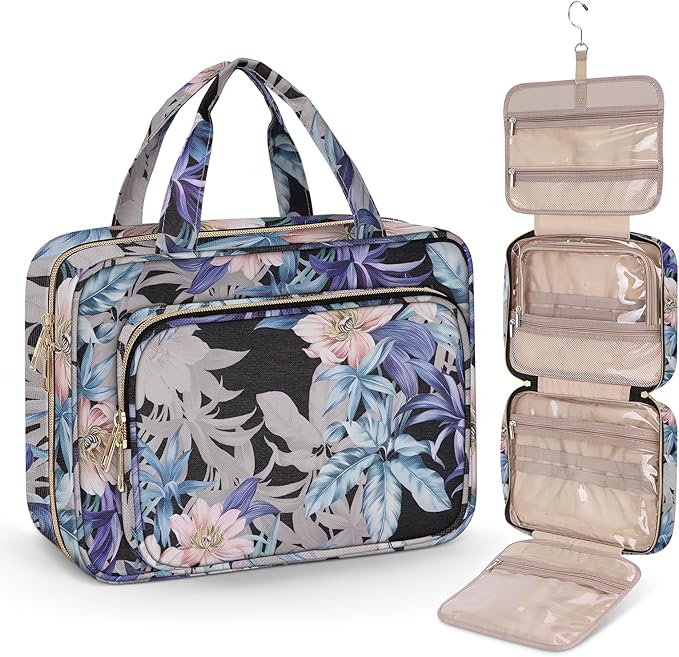 Wedama Toiletry Bag for Women, Large Cosmetic Travel Bag, Hanging Toiletry Bag for Bathroom, PVC Waterproof Makeup Bag, Toiletries Bag for Travel Business Trips and Camping, Black+Brown Floral