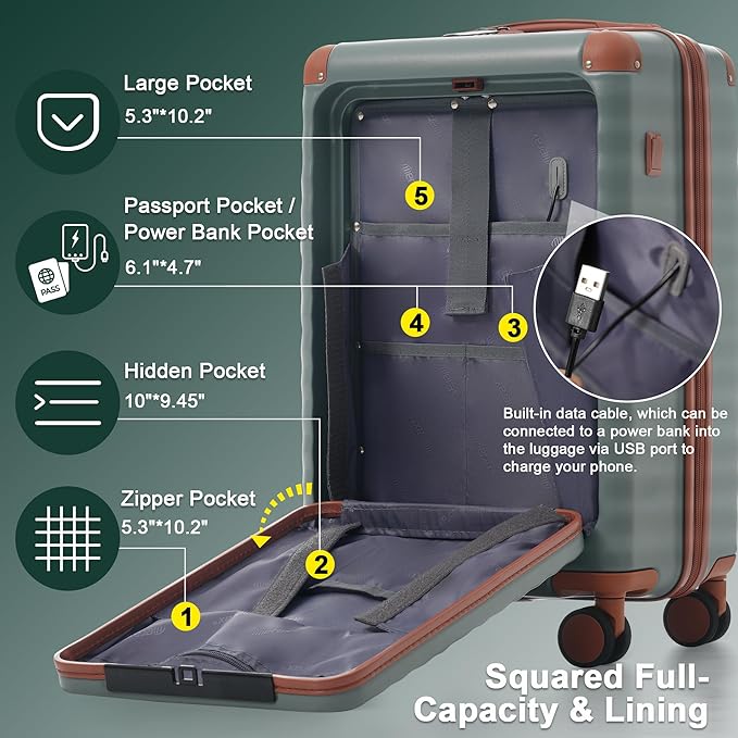 Merax Luggage Sets Front Opening, 3 Piece Hardshell Suitcase with Spinner Wheels and Bags,Lightweight Carry on Luggage with USB Port and Cup Holder,20+24+28,Grey Green