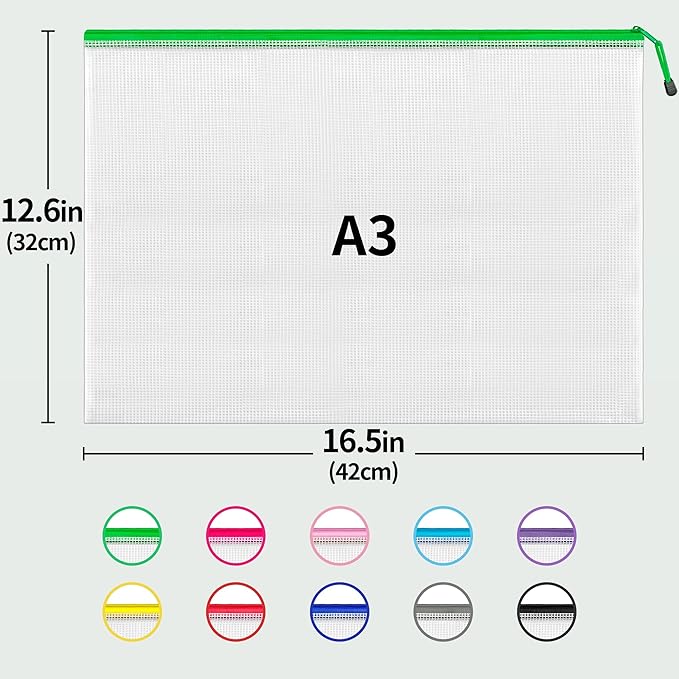 JARLINK A3 (16.5x12.6 in, 36 Pcs) Mesh Zipper Pouch, 12 Colors Extra Large Zipper Bags, Waterproof File Pouches for Office Supplies, Puzzles, Board Game, School, Travel Accessories & Craft Projects
