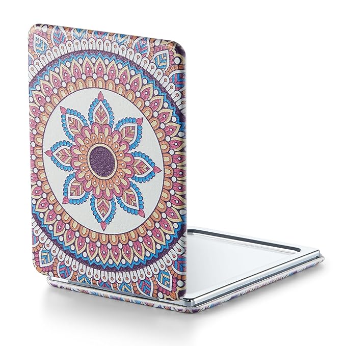 OMIRO Compact Mirror, Unique Painting PU Leather 1X/3X Magnification, Ultra Portable for Purses, 2.4" W x 3.4" L (Red Flower Mandala)