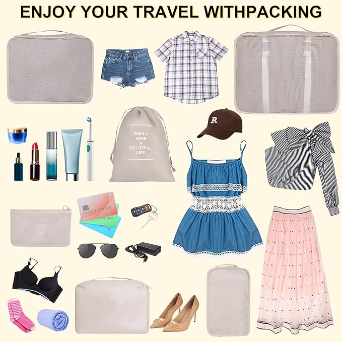 8 Set Packing Cubes for Suitcases, kingdalux Travel Luggage Packing Organizers with Laundry Bag, Compression Storage Shoe Bag, Clothing Underwear Bag, for Man & Women