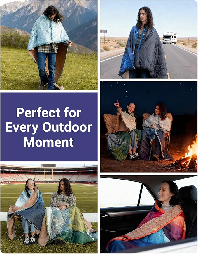 KingCamp Ultralight Camping Blanket, Packable Down Alternative Puffy Printed Wearable Blanket with Snap Buttons & Corner Loops Weatherproof Quilt for Outdoor Travel Stadium (79" x 57", Forest)