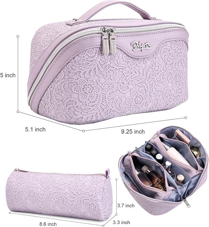 BOYATU Travel Makeup Bags Cosmetic Organizer Bag: 3-Set Large Capacity Make up Bag - PU Leather Toiletry Bags for Women - Wide Open Portable Pouch with Divider & Handle (A-Violet)