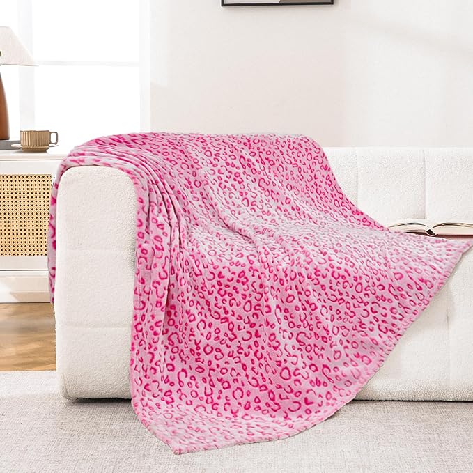 Bnuitland Pink Leopard Print Flannel Throw Blanket, 300 GSM Double Sided Fuzzy Fluffy for Bed Sofa Couch Travel, Super Soft Lightweight Cheetah Print Blanket for Adults and Kids, 50×60 inch