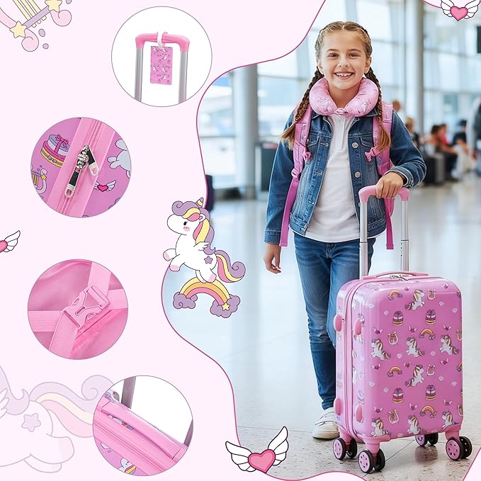 Kid’s Luggage Set 6 Piece Suitcase Set 16’’ Hardside Luggage with Spinner Wheels Girls Boys Carry on Luggage Travel Rolling Luggage Airline Approved