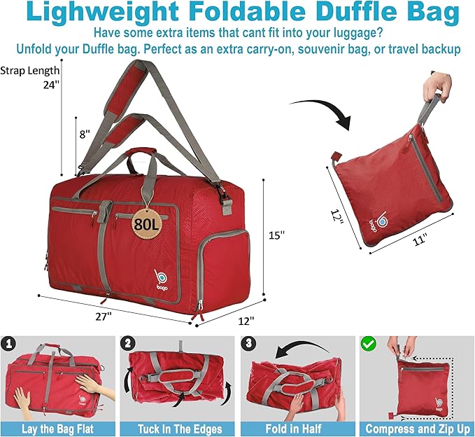 Bago Large Duffle Bag for Travel Women & Men. Durable Lightweight Foldable Travel Duffel Bags For Traveling Women. 80L Duffle Bags For Overnight Bag With Shoe Compartment Collapsible Weekender duffel