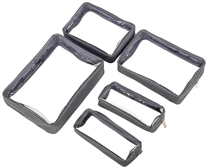TSA Approved 5-Piece Diaper Bag Organizer Pouch Set Clear Waterproof TPU Kids Toiletry Storage Set Travel Packing Clutch Cube Bags for Baby Nursing (Grey)