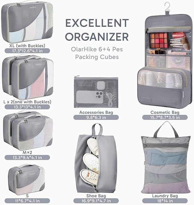 10 Set Packing Cubes for Travel, Gifts for Women Mom,Anti-Tearing Suitcase Organizer for Luggage with Shoe & Hanging Toiletry Bag,OlarHike Vacation Essentials & Accessories for Cruise Ship