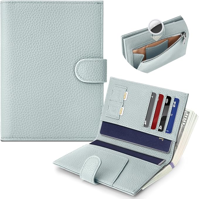 Genuine Leather Passport Holder for Women Men, Hidden Airtag Pocket, RFID Blocking, Zippered Coins Pocket & Cash Compartment Travel Gifts Essentials Passport Cover Case - Blue