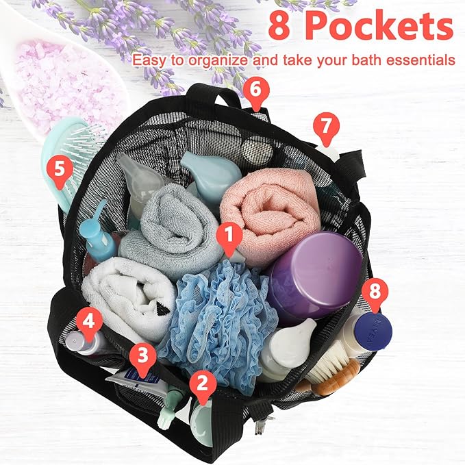 Fammart Mesh Shower Caddy Portable for College Dorm Room Essentials, 8-Pocket Large Shower Basket Tote Bag with 2 Handles for Toiletry, Bathroom, Beach, Camp, Gym