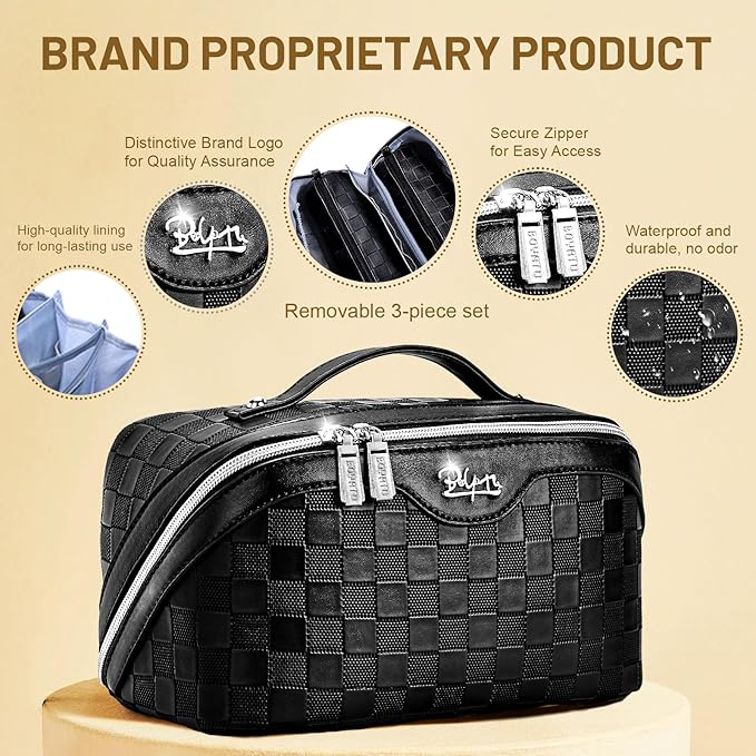 BOYATU Travel Makeup Bag Organizer: 3 Pcs Set Large Capacity Cosmetic Bags Holds 10–20 100ml Full-Size Bottles for 3–15 Day Trips - 180°Open-Flat Make up Case 3-sec touch-up - Toiletry Bag Gift women