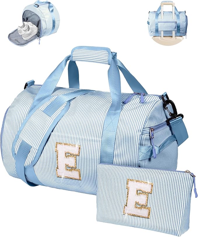 Holiday Gift for Grandkids, Girls Travel Duffle Bag, Kids Initial Overnight Bags with Shoe Compartment, Customized Weekender Bag with Makeup Pouch, Preppy Things for Preteen (Letter E)