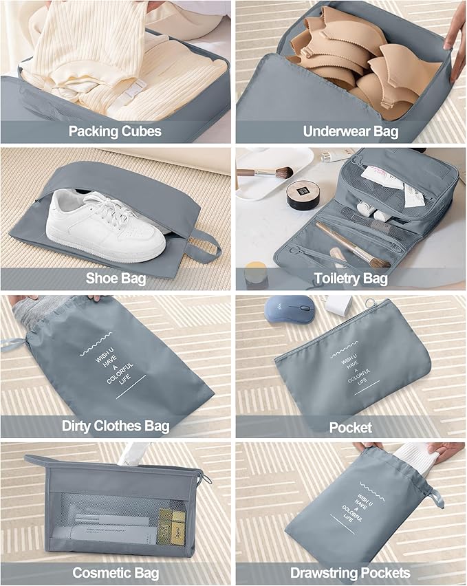 Packing Cubes 10 PCS, Mesh Breathable Luggage Organizers Bags, Packing Organizers, Durable Travel Essentials Bags Set, Travel Packing Organizers, Gray