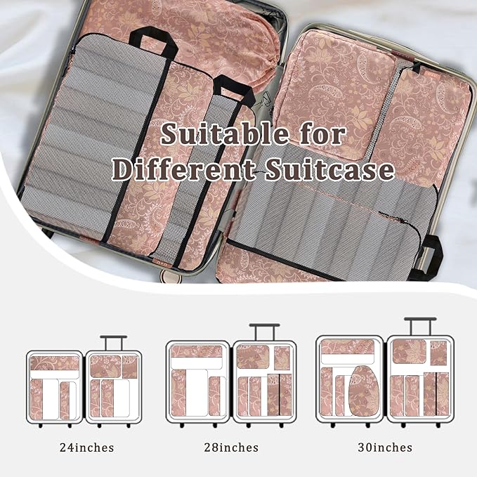 U+U 10 Set Compression Packing Cubes - Ultralight Travel Organizers with Laundry Bag, Space-Saving Suitcase Organizer, Expandable Packing Cubes for Travel and Family Vacation (Paisley Pattern)