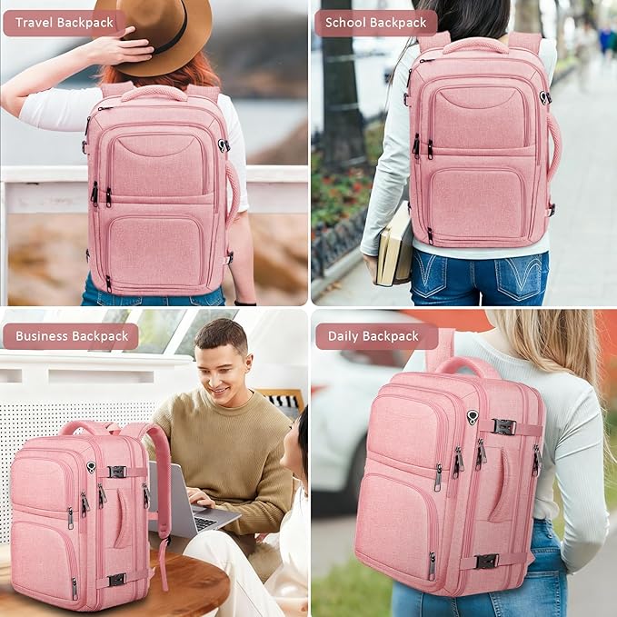 Travel Backpack for Women, Expanable Carry on Backpack, TSA 17.3 inch Laptop Bag Flight Approved, Lightweight Waterproof Business Luggage Bag, Travel Gifts for Women, Pink