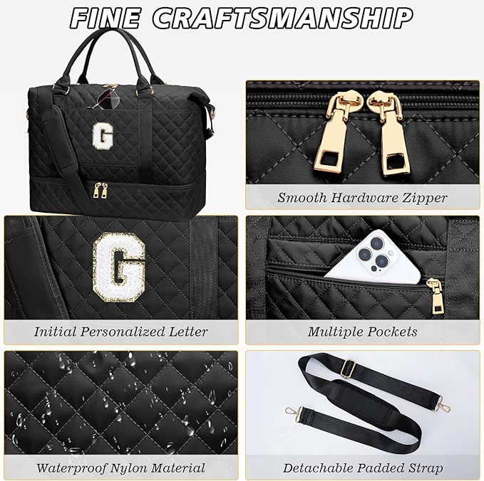 Gifts for Women Girls Birthday Initial Travel Duffle Bag Quilted Weekender Bags Carry-On Overnight with Cosmetic Bag, Gym Bag with Shoe Compartment, Black G