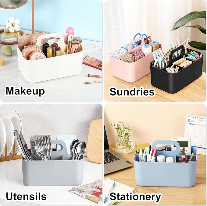 Multiuse Caddy Organizer with Handle, Portable Divided Plastic Tote Bin - Art Craft, Stationary Pen Marker Crayons, Makeup Hair Supplies Storage - Bathroom, Classroom, Dorm, Office, Desk Holder -Black
