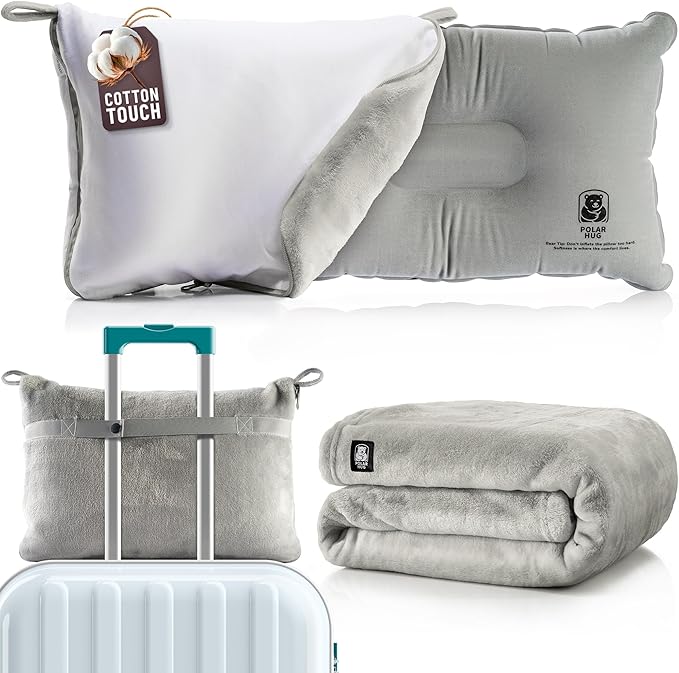 Travel Blanket and Pillow Set — Airplane Blanket with Inflatable Pillow and Cotton Pillowcase, Travel Blanket Combo with Back-Neck Snaps for Long Flights