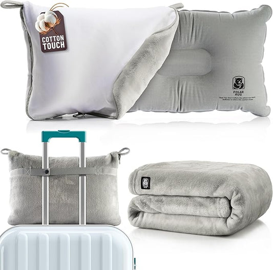 Travel Blanket and Pillow Set — Airplane Blanket with Inflatable Pillow and Cotton Pillowcase, Travel Blanket Combo with Back-Neck Snaps for Long Flights