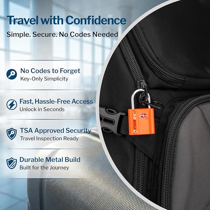 Forge TSA Approved Luggage Locks: Ultra Secure Dimple Key Travel Locks with Zinc Alloy Body, for Luggage, Travel Cases, Backpacks Orange 2PK.