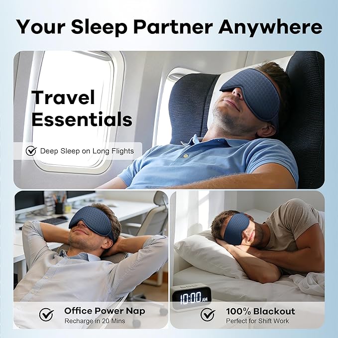 Weighted Blackout Sleep Mask for Men: 3D Contoured Zero Eye Pressure Sleep Mask for Stress Relief, Deep Sleep & Airplane Travel Essentials, Night Shift, Office Nap, Adjustable Strap, Blue