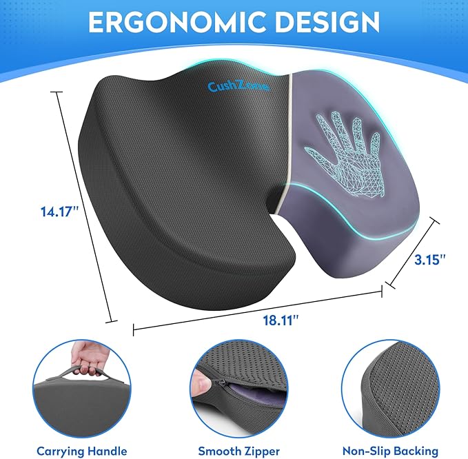 Seat Cushion, Office Chair Cushions, Car Seat Cushion, Non-Slip Sciatica & Back Coccyx Tailbone Pain Relief Chair Pad, Memory Foam Butt Pillow for Computer Desk, Wheelchair, Driving (Grey)