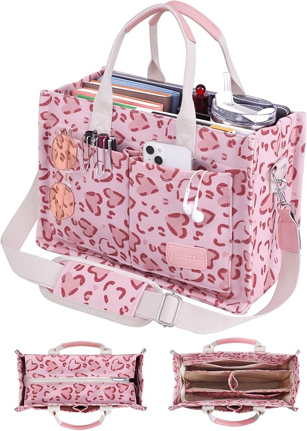 FIORETTO Canvas Tote Bag for Women with Zipper Closure & Individual Compartments for Work College for Teacher & Nurse