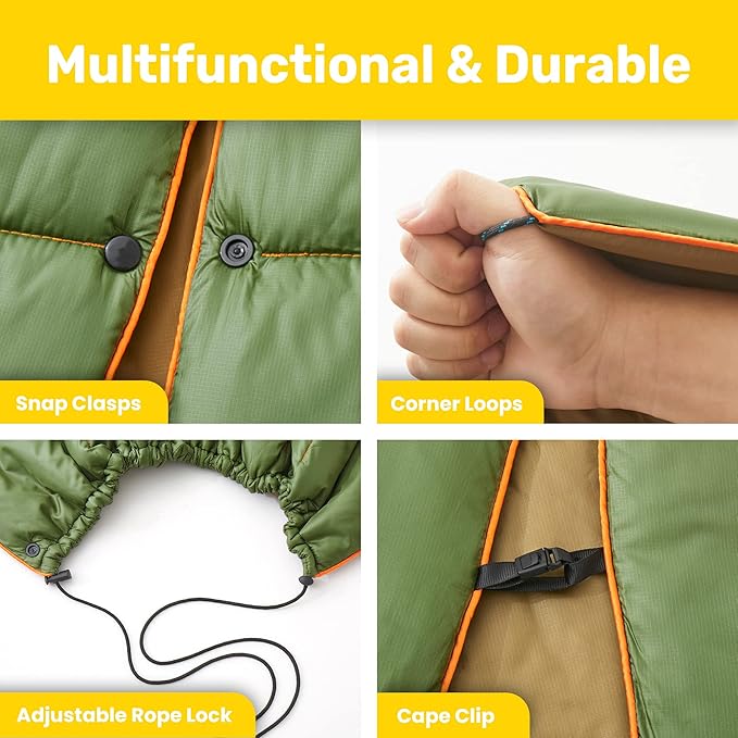UNIKOME Waterproof Puffy Camping Blanket - Lightweight Packable Outdoor Quilt with Snaps & Corner Loops, Warm Compact Blanket for Cold Weather Hiking Picnic Stadium Travel, 75"×52", Army Green&Brown
