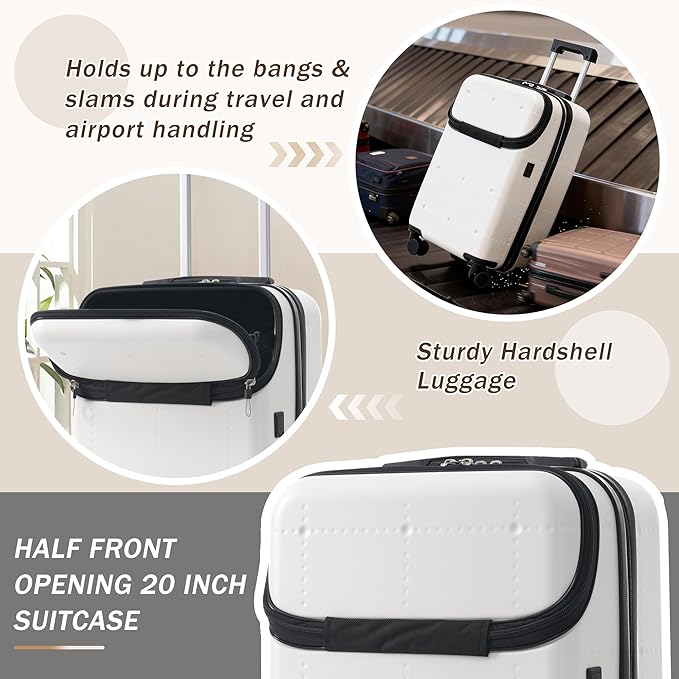 Merax Luggage Sets 5 Piece, Hardside 20" Half-opening Carry On Suitcase Set with USB Port,Lightweight Travel 24" 28" Luggage with Bags TSA Locks Double Spinner Wheels,White