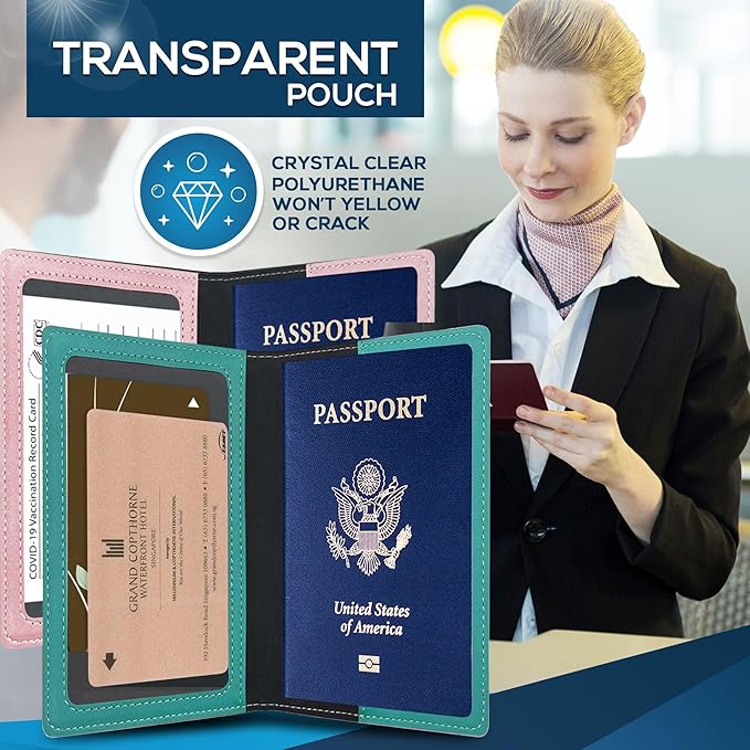 Ciana Passport Holder for Travel – PU Leather Passport Cover and Card Holder for Men & Women – Slim Passport Holder with Card Protector Slot, Travel Must Haves (Turquoise and Rose Gold)