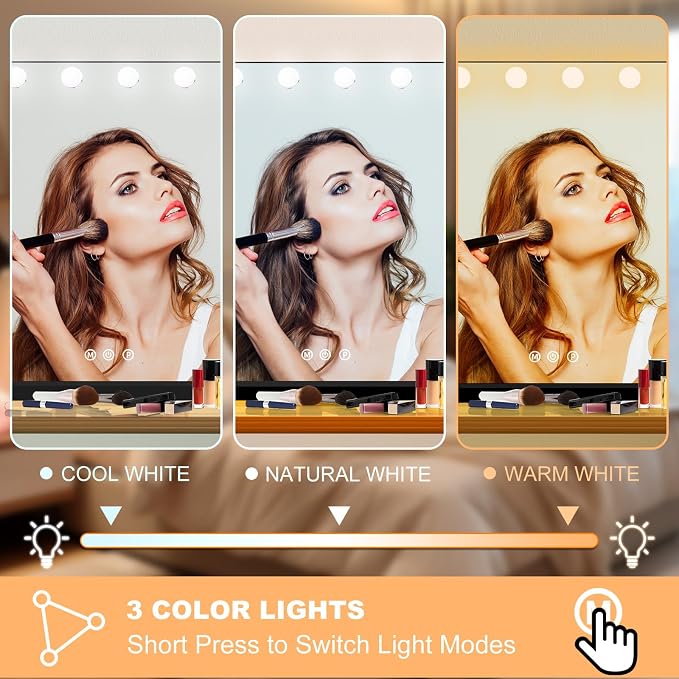 Moonee Vanity Mirror with Lights, Black Hollywood Lighted Makeup Mirror with 18 Dimmable Bulbs and 10X Magnification, 3 Colors Modes, Aluminum Metal Frame, Light Up Mirror for Tabletop/Wall（32" x 24"）