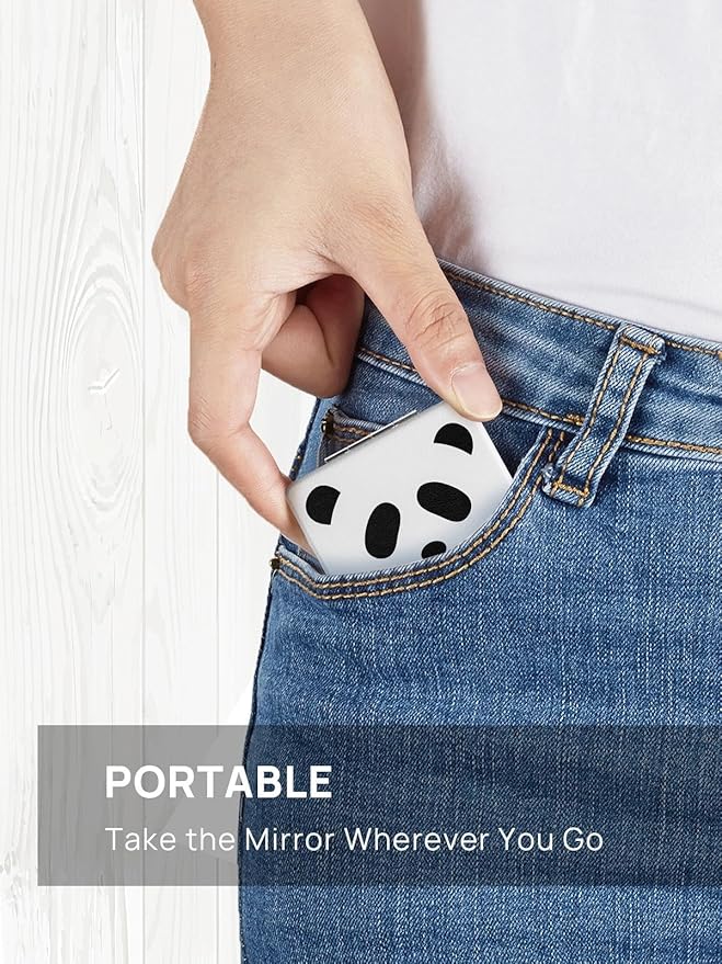 OMIRO 1X/3X Magnifying Mirror, Unique Painting Compact Mirror with Classical PU Leather (Panda)