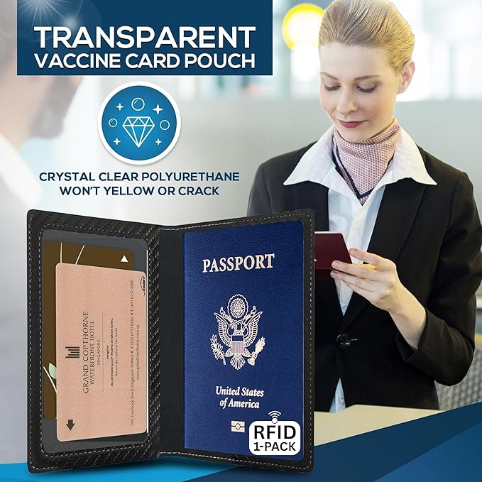 Ciana Passport Holder for Travel – PU Leather Passport Cover and Card Holder for Men & Women – Slim Passport Holder with Card Protector Slot, Travel Must Haves (Carbon Fiber)