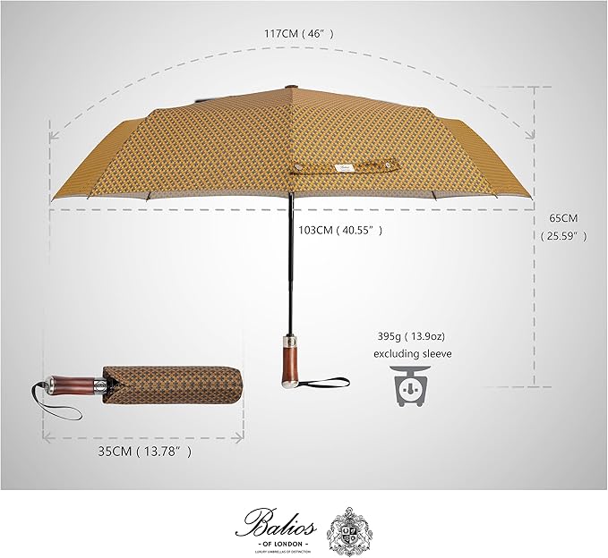 Balios (Designed in UK) Travel Umbrella Luxurious Golden Hardwood Handle Auto Open & Close Windproof Frame Single Canopy Automatic Folding Umbrella Men's & Ladies