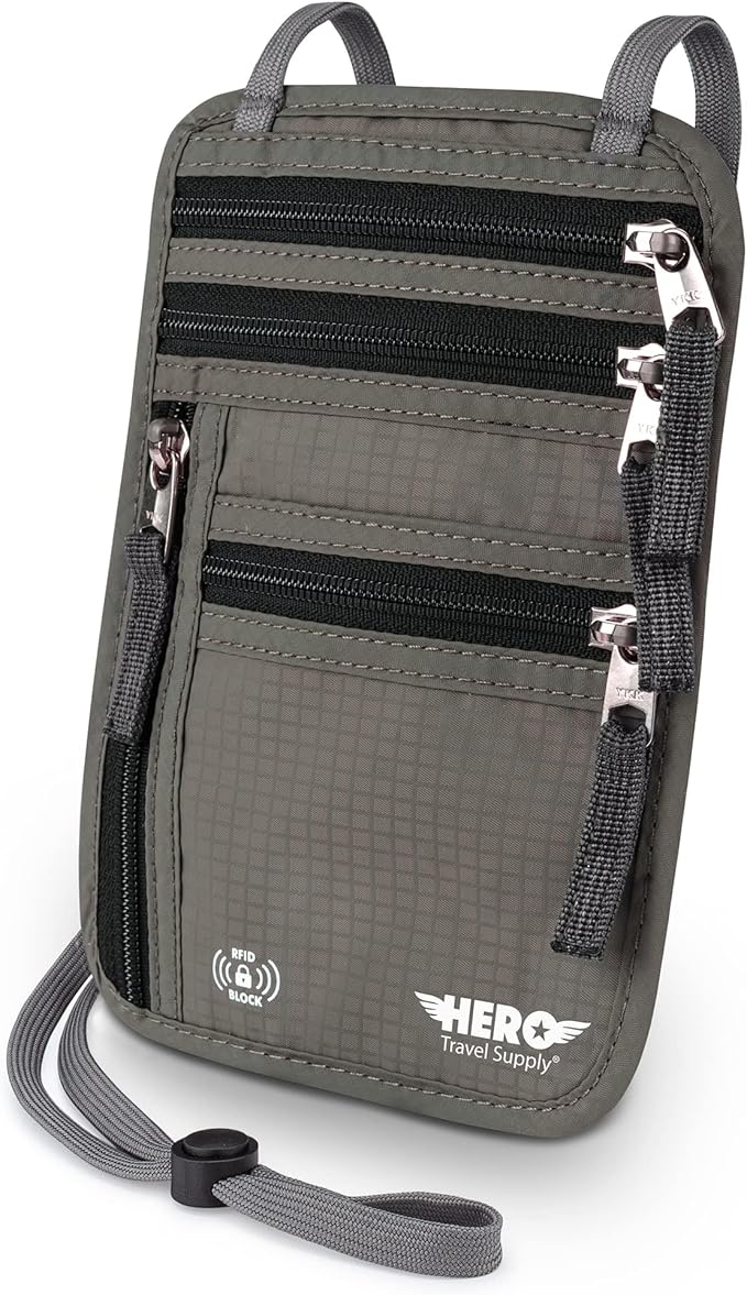 HERO Neck Wallet - RFID Blocking Passport Holder, Easy to Conceal Travel Puch (Army Grey)