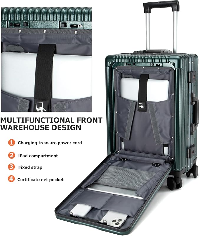feilario Aluminium Frame PC Hard Shell Spinner Wheels Luggage,22.5"X15"X9.5" Airline Approved Built-In TSA lock Carry on Suitcase, with Cup Holder, USB Port, Phone Holder