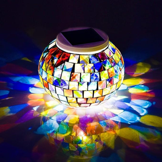 WSgift Color Changing Solar Powered Glass Mosaic Ball Led Garden Lights, Rechargeable Outdoor Waterproof Solar Night Lights Table Lamps for Decorations, Ideal Gifts