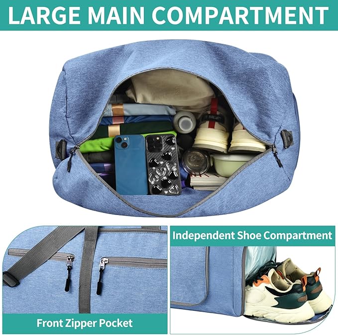 Dimayar 40L Travel Duffle Bag for Men Women - Foldable Duffel Bag with Shoes Compartment - Overnight Bags Waterproof & Tear Resistant(Blue)