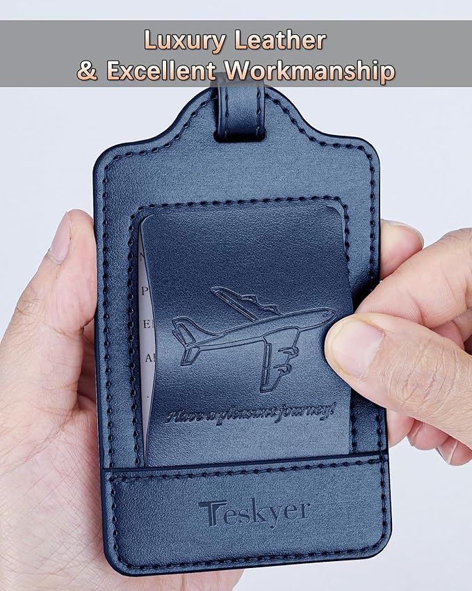 3 Pack Luggage Tags - Quick Install, Privacy Protection, Airplane Travel Essentials for Suitcases, Durable Leather - Blue