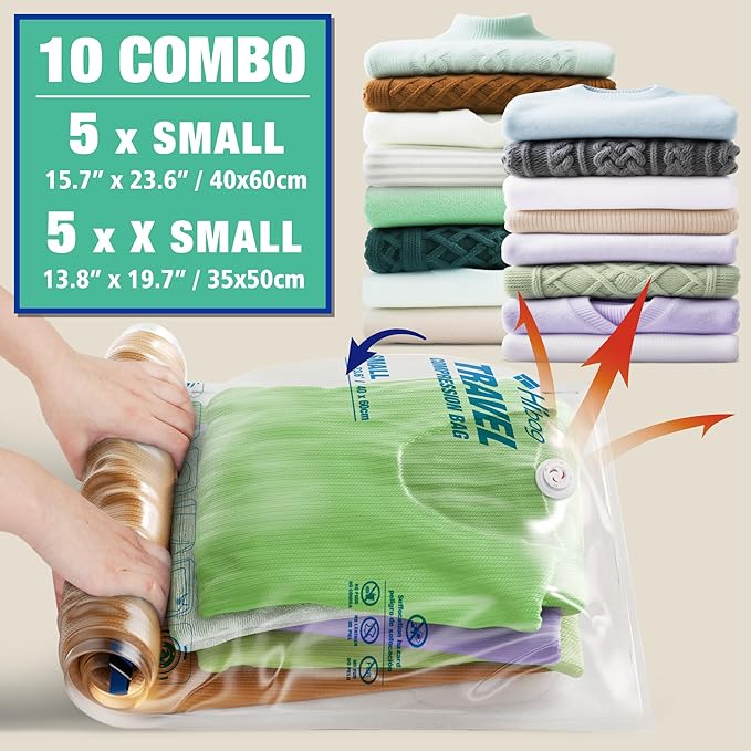 Travel Zipper Storage Bags,Travel Essentials Roll Compression Bags for Cruise Luggage Accessories, 5 Luggase Size 5 Carryon Size (10 pack)