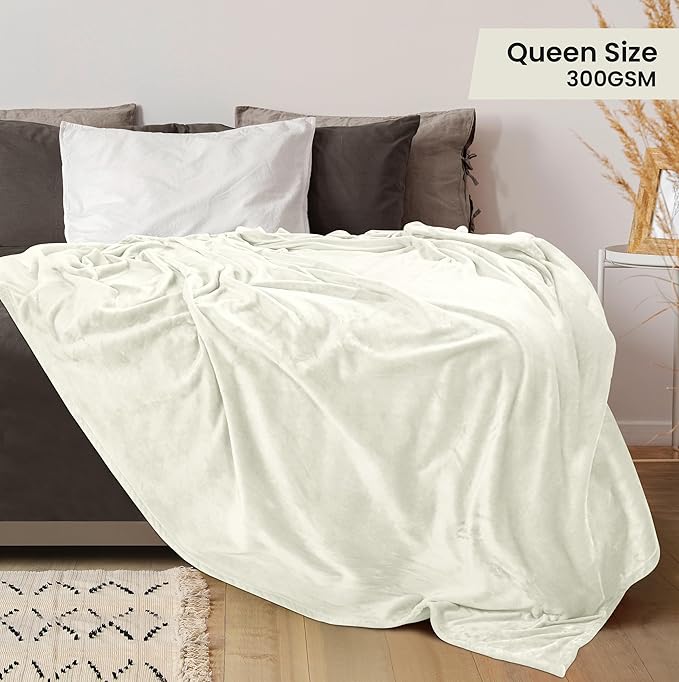 Utopia Bedding Fleece Blanket Queen Size Ivory 300GSM Luxury Fuzzy Soft Anti-Static Microfiber Bed Blanket (90x90 Inch)