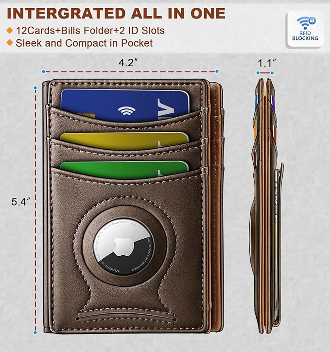 BULLIANT Men Airtag Wallet,Slim Wallet Money Clip Card Holder Magnetic Closure 12 Cards in Front Pocket RFID Blocking