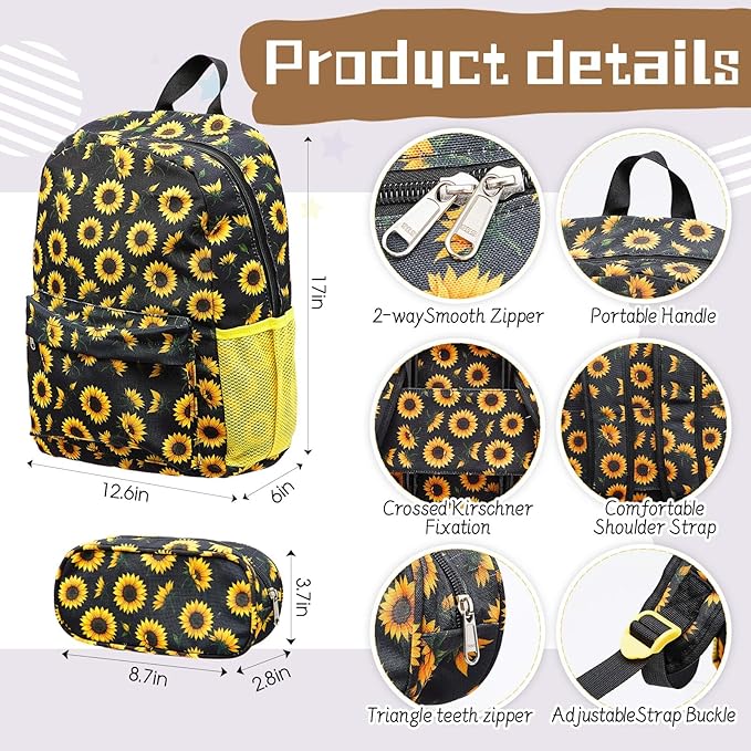 Redbaker 17 Inch 6 Pcs Kids Luggage Set Kids Rolling Luggage Double Pattern Suitcase for Boys Girls (Black Yellow, Sunflower Style)