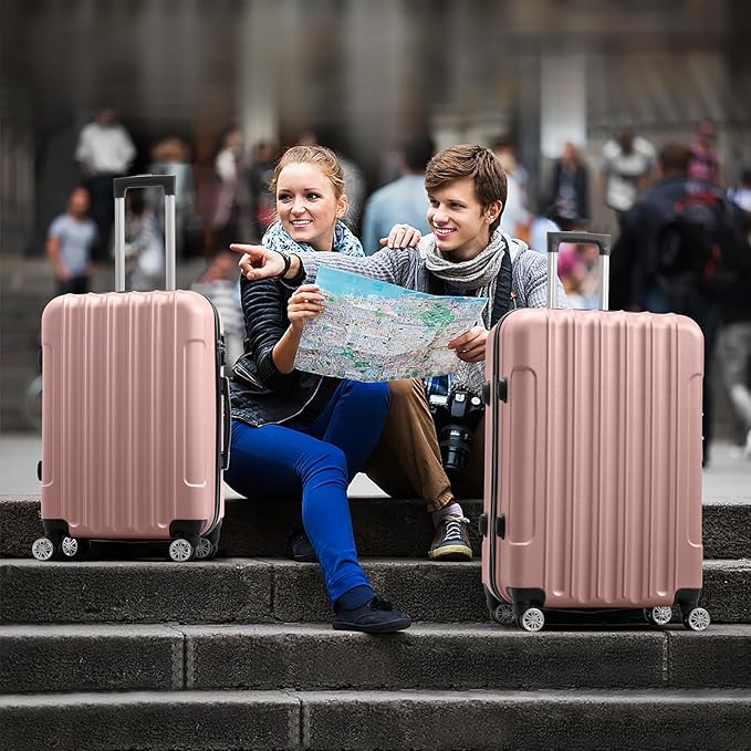 Karl home Luggage Set of 3 Hardside Carry on Suitcase Sets with Spinner Wheels & TSA lock, Portable Lightweight ABS Luggages for Travel, Business - Rose Gold (20/24/28)