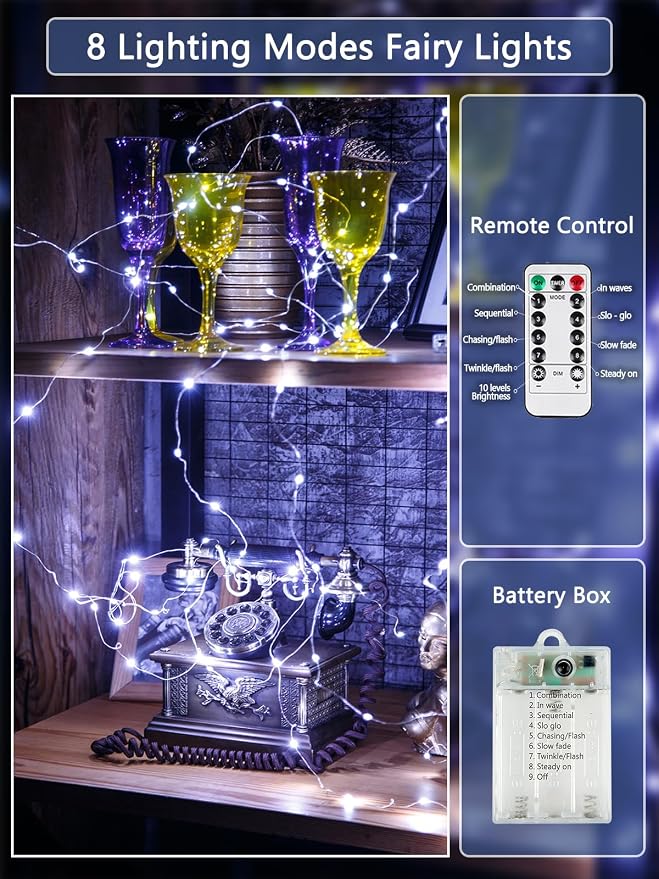 3 Pack Fairy Lights Battery Operated with Remote Twinkle Lights Cool White | Each 80 LED 26FT, 8 Modes, Timer & Dimmable, Battery String Lights for Outdoor Indoor Christmas Tree Bedroom Table DIY Decor