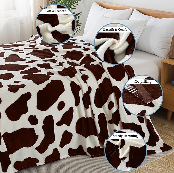 Fleece Cow Print Blanket Queen Size for All Season - Premium Lightweight Anti-Static Super Soft Cozy Plush Cow Blankets for Queen/Full Bed,90" x 90"(Brown Cow)