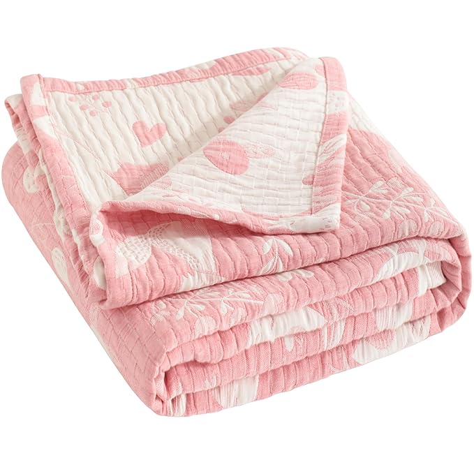 NTBAY 3 Layer Toddler Blanket, Muslin Cotton Jacquard Bed Blankets, Lightweight Thermal Baby Blanket, Super Soft and Warm Crib Blanket for All Seasons, Decoration Gift, 45"x60", Pink Owl
