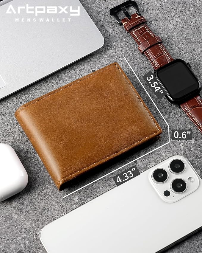 Artpaxy Mens Wallet Genuine Leather Bifold RFID Blocking Wallet for Men with 1 ID Window 13 Card Holders 2 cash pockets 1 Gift Box (Light Brown)